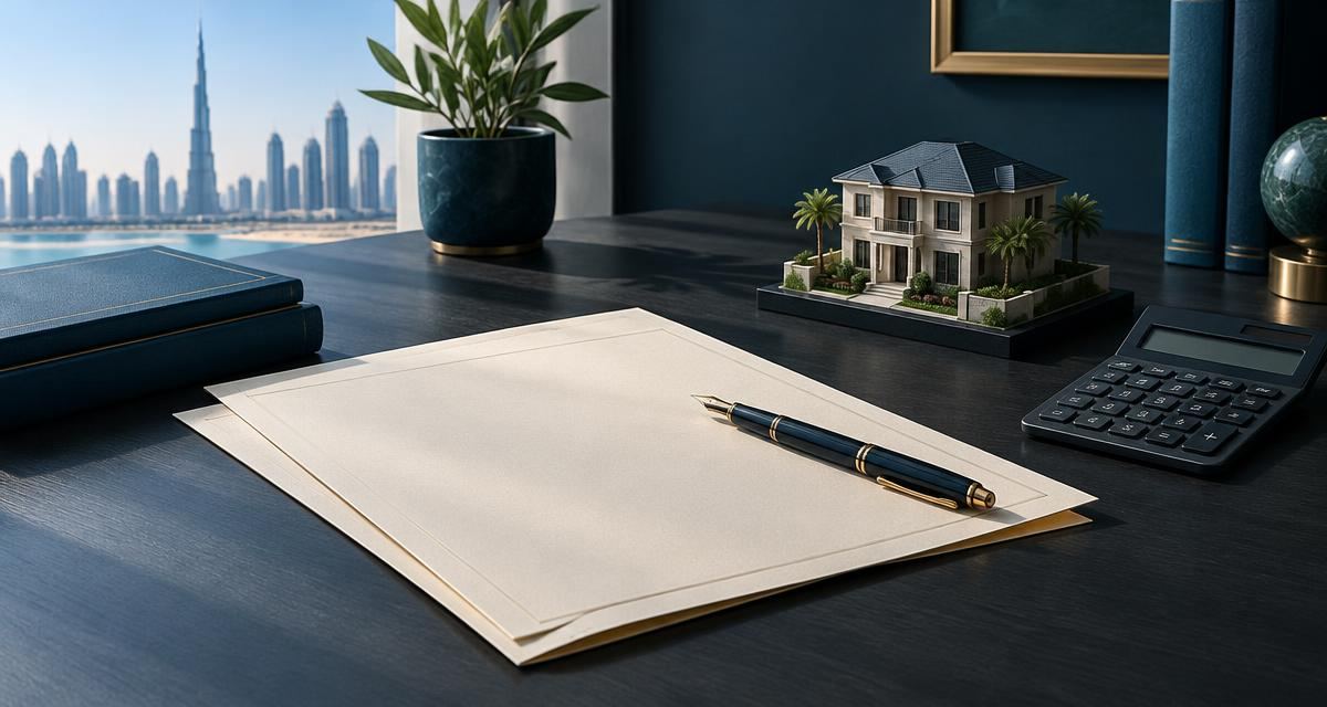 Will-planning paperwork, a pen, calculator and model house on a desk overlooking Dubai